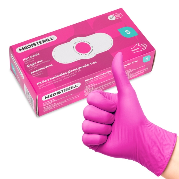 Engangshandsker af nitri, størrelse S, magenta, 100 stk, MEDISTERILL
